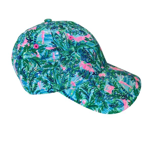 Lilly Pulitzer Tropical Golf Run Around Hat Green Pink Golf Cart Palm Trees - Picture 2 of 7